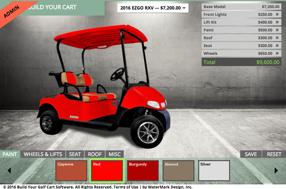 EZGO RXV red customized golf cart software