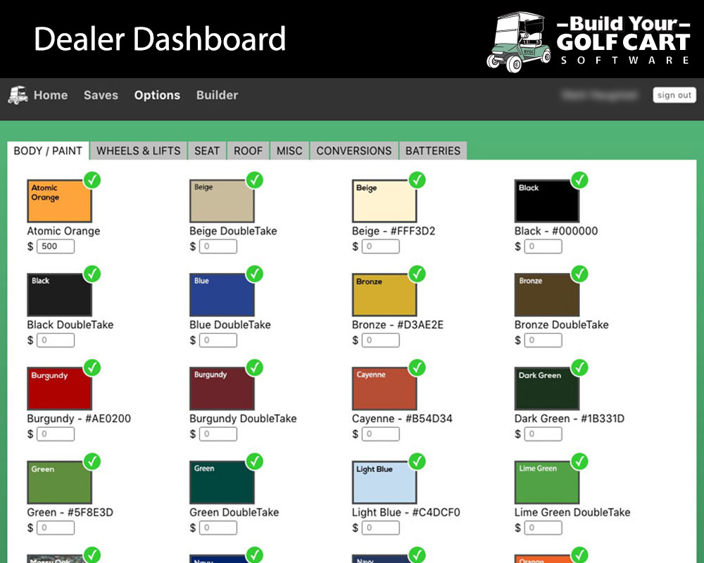 dealer dashboard build your golf cart software paint
