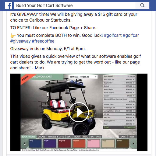 Build Your Own Golf Car – Gift Card Giveaway on Facebook!